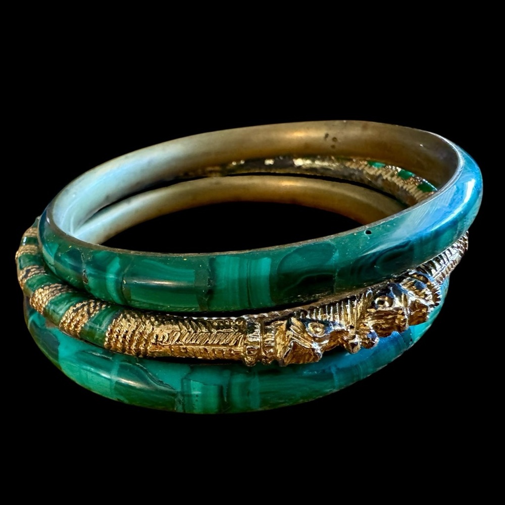 Vtg 70s Set Of 3 Malachite Brass Enamel Bangle Bracelets M/L *As Is*